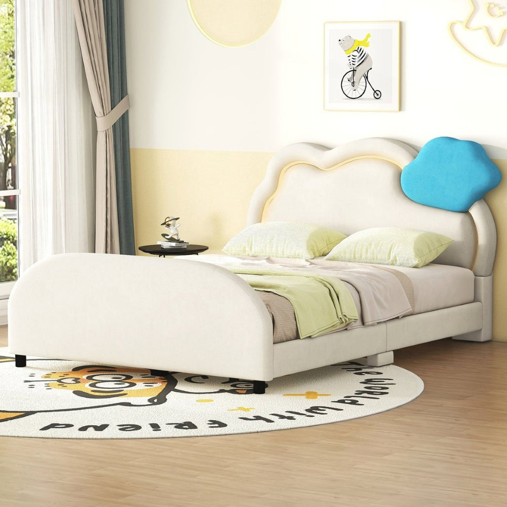 English Elm Full Size Velvet Platform Bed with Cloud Headboard Led Ambient Glow Scalloped Frame WF316217AAA
