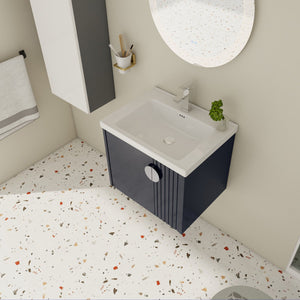 English Elm 24 Inch Wall-Mounted Vanity with Ceramic Sink, Wave Door Accent, Soft-Close Hinges, Eco Plywood Durable Finish Black W999P146017