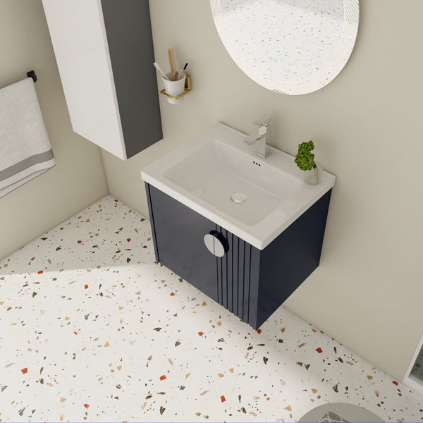 English Elm 24 Inch Wall-Mounted Vanity with Ceramic Sink, Wave Door Accent, Soft-Close Hinges, Eco Plywood Durable Finish Black W999P146017