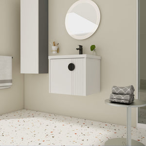 English Elm 24 Inch Wall-Mounted Vanity with Ceramic Sink, Wave Door Accent, Soft-Close Hinges, Eco Plywood Durable Finish White W999P146015