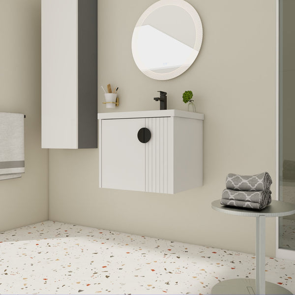 English Elm 24 Inch Wall-Mounted Vanity with Ceramic Sink, Wave Door Accent, Soft-Close Hinges, Eco Plywood Durable Finish White W999P146015