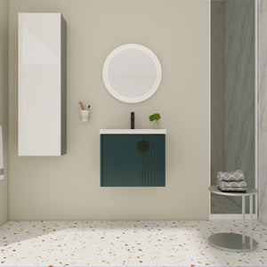 English Elm 24 Inch Wall-Mounted Vanity with Ceramic Sink, Wave Door Accent, Soft-Close Hinges, Eco Plywood Durable Finish Green W999P146018