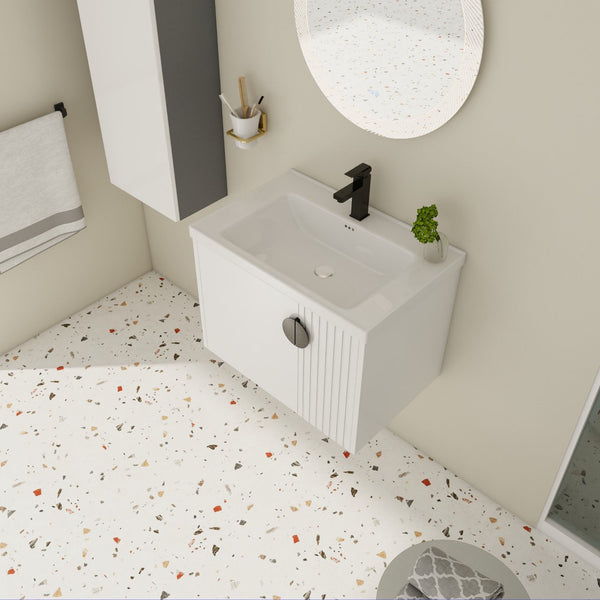 English Elm 28 Inch Wall-Mounted Bathroom Vanity with Ceramic Sink, Wave Dual Doors, Soft-Close Hinges, Durable Finish White W999P146019
