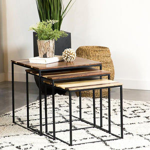 English Elm Natural Natural and Black 3-piece Nesting Table Set – Sheesham Wood Tops with Black Metal Bases, Space-Saving Rustic Chic B062P153608