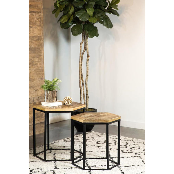English Elm Natural Hexagon Nesting Tables Set of 2 - Mango Wood Inlay Tops with Black Iron Bases, Rustic Industrial Charm B062P153599