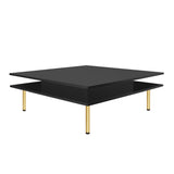 English Elm Exquisite High Gloss Coffee Table With 4 Golden Legs and 2 Small Drawers, 2-Tier Square Center Table For Living Room, Black