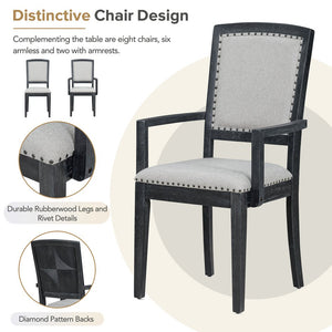 English Elm TOPMAX Rustic Extendable Dining Set with 84" Table and 24" Leaf, 9-Piece Wood Frame, Upholstered Chairs Black+ Gray SP000038AAB