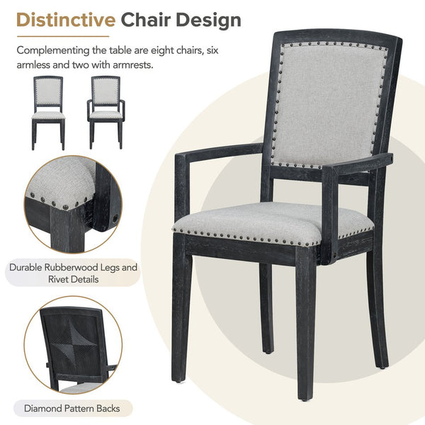 English Elm TOPMAX Rustic Extendable Dining Set with 84" Table and 24" Leaf, 9-Piece Wood Frame, Upholstered Chairs Black+ Gray SP000038AAB