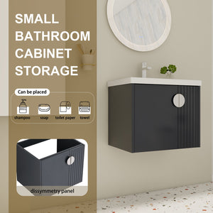 English Elm 24 Inch Wall-Mounted Vanity with Ceramic Sink, Wave Door Accent, Soft-Close Hinges, Eco Plywood Durable Finish Black W999P146017