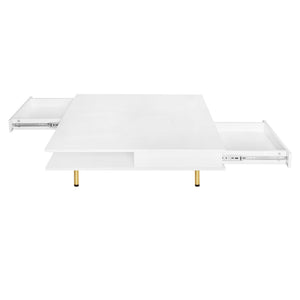 English Elm On-trend Gloss White Square Coffee Table Gold Legs Hidden Drawers Open Shelf Living Room WF315490AAK