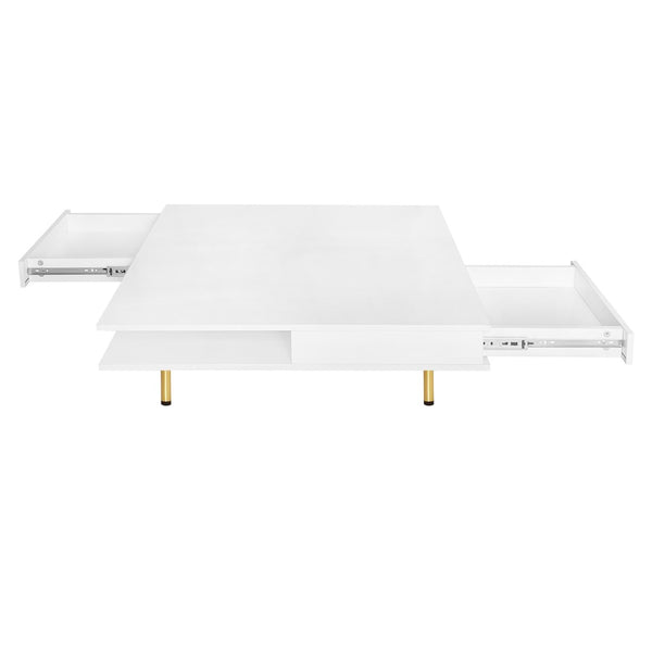 English Elm On-trend Gloss White Square Coffee Table Gold Legs Hidden Drawers Open Shelf Living Room WF315490AAK