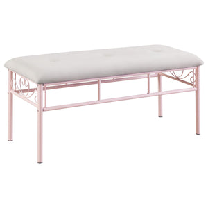 English Elm Powder Pink Bench with Ivory Upholstery and Delicate Scrollwork — Steel Frame, Feminine Charm (97) B062P153592