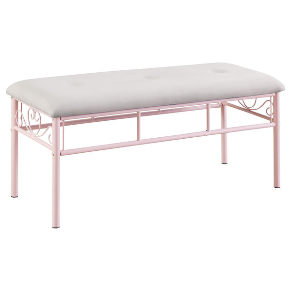 English Elm Powder Pink Bench with Ivory Upholstery and Delicate Scrollwork — Steel Frame, Feminine Charm (97) B062P153592