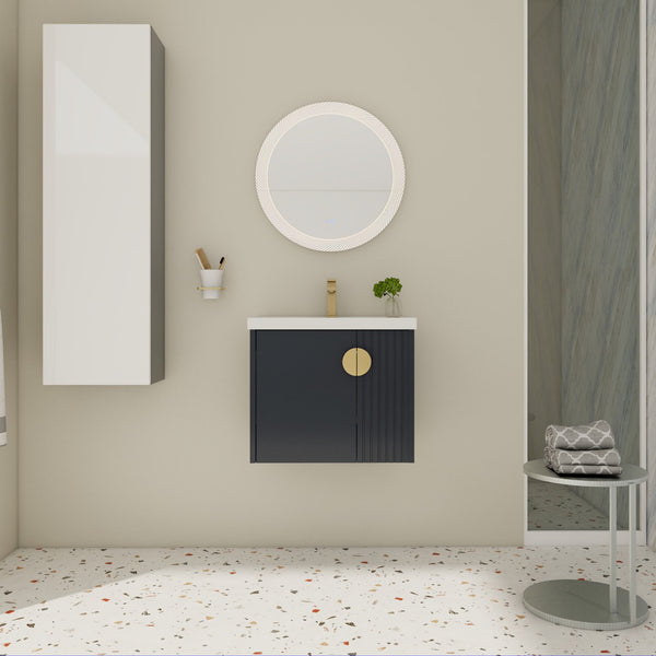 English Elm 24 Inch Wall-Mounted Vanity with Ceramic Sink, Wave Door Accent, Soft-Close Hinges, Eco Plywood Durable Finish Black W999P146017