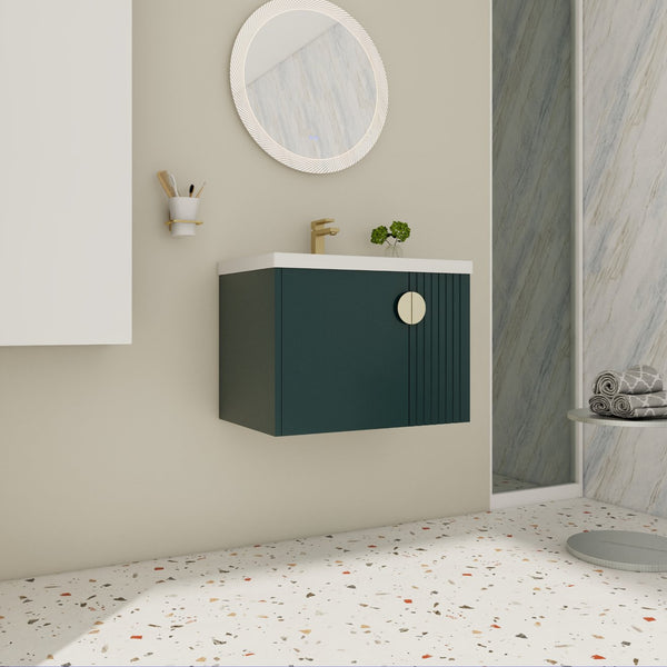 English Elm 28 Inch Wall-Mounted Bathroom Vanity with Ceramic Sink, Wave Dual Doors, Soft-Close Hinges, Durable Finish Green W999P146023