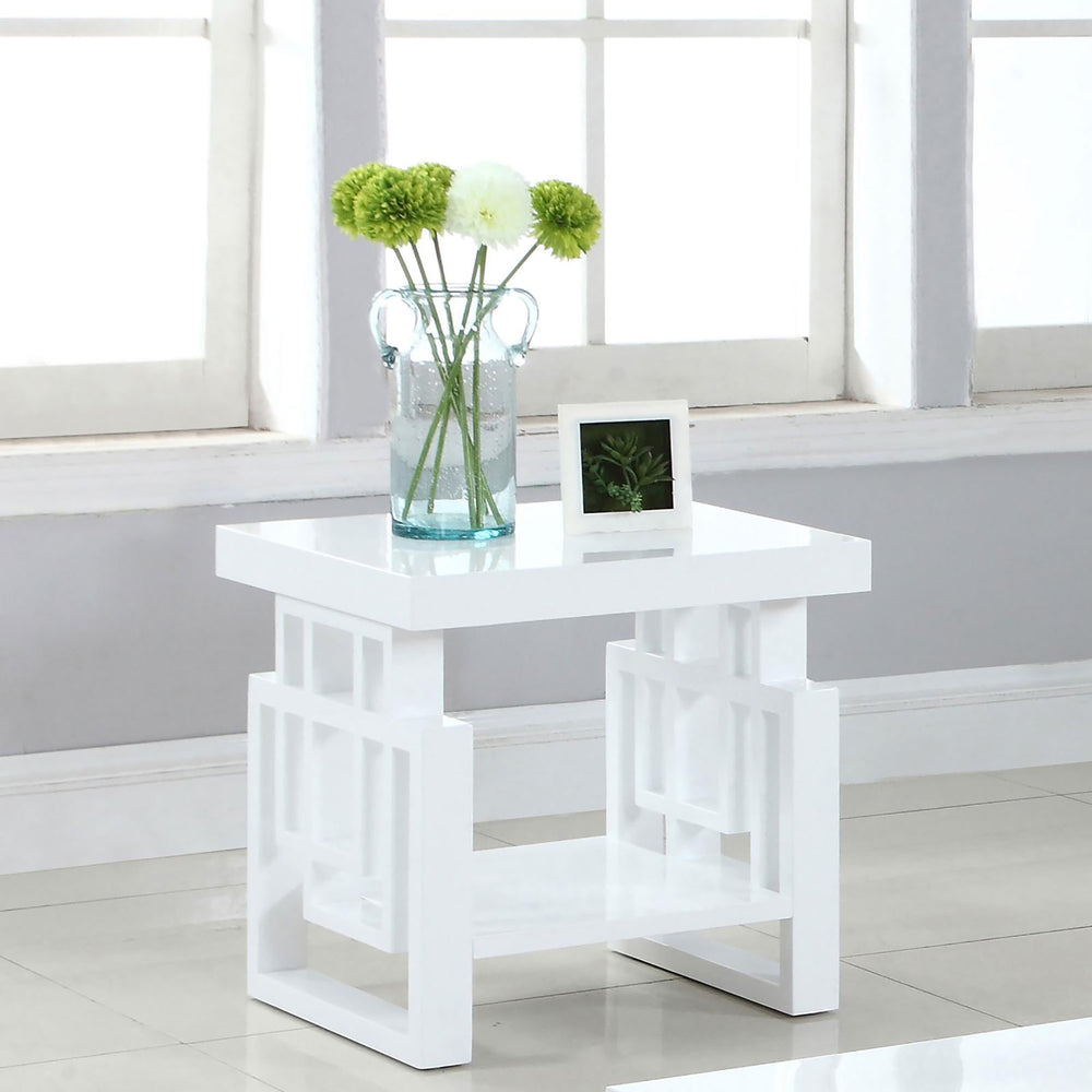 English Elm High Glossy White Rectangular End Table with Geometric Cutouts Open Shelf Modern Storage Accent B062P153624