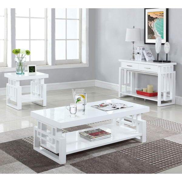 English Elm High Glossy White Rectangular End Table with Geometric Cutouts Open Shelf Modern Storage Accent B062P153624