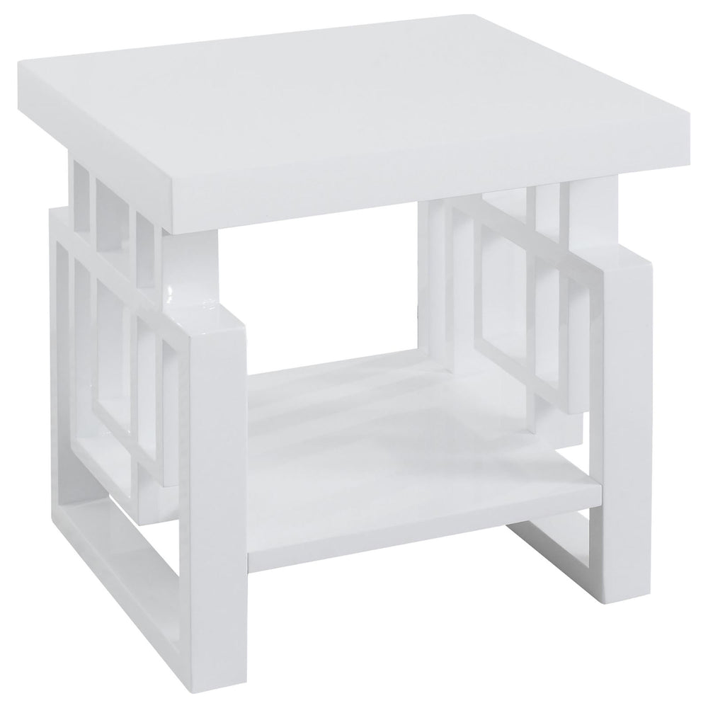 English Elm High Glossy White Rectangular End Table with Geometric Cutouts Open Shelf Modern Storage Accent B062P153624