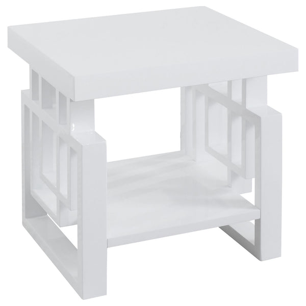 English Elm High Glossy White Rectangular End Table with Geometric Cutouts Open Shelf Modern Storage Accent B062P153624