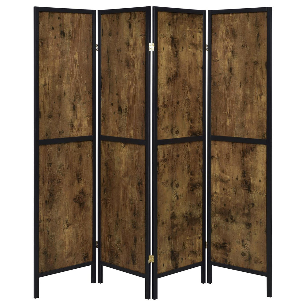 English Elm Antique Rustic Nutmeg & Black 4-Panel Folding Screen — Industrial Cabin Room Divider, Brass Accents B062P153650