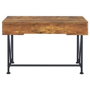 English Elm Antique Transitional 3-Drawer Writing Desk in Antique Nutmeg & Black with Bronze Handles, Sleek Metal Frame B062P153666