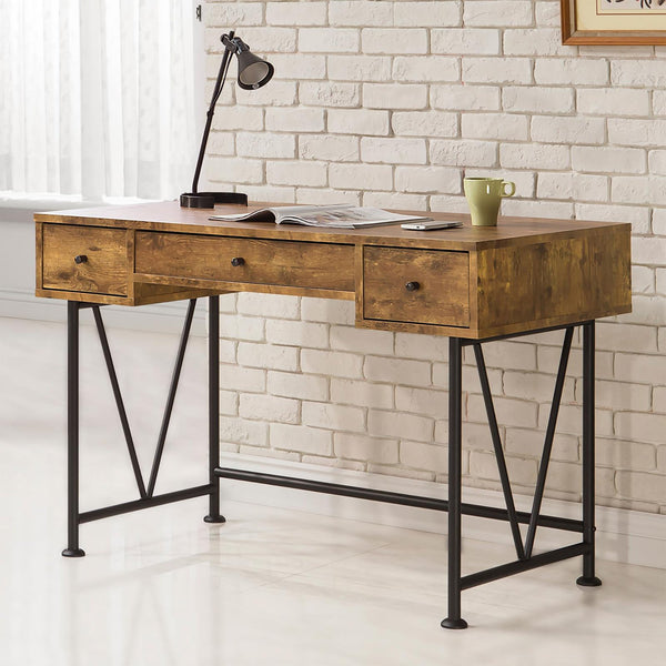 English Elm Antique Transitional 3-Drawer Writing Desk in Antique Nutmeg & Black with Bronze Handles, Sleek Metal Frame B062P153666