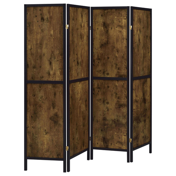 English Elm Antique Rustic Nutmeg & Black 4-Panel Folding Screen — Industrial Cabin Room Divider, Brass Accents B062P153650