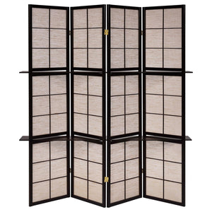 English Elm Tan 4-Panel Folding Screen with Cappuccino Frame, Vellum Panes & Wood Shelves for Stylish Room Divider B062P153646