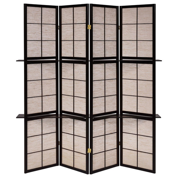 English Elm Tan 4-Panel Folding Screen with Cappuccino Frame, Vellum Panes & Wood Shelves for Stylish Room Divider B062P153646