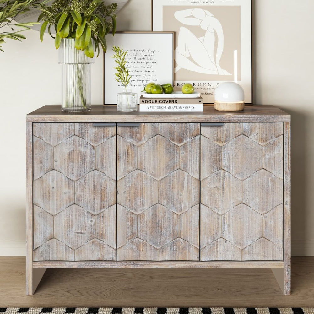 English Elm Accent Farmhouse Sideboard with Fluted Hexagonal Doors and Natural Wood Wash Finish W1435142948