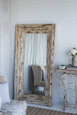 English Elm 39x3.5x75" Distressed Fir Wood Leaner Mirror Antique White Farmhouse Bedroom Decor W2078P154678