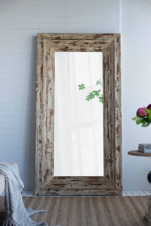 English Elm 39x3.5x75" Distressed Fir Wood Leaner Mirror Antique White Farmhouse Bedroom Decor W2078P154678