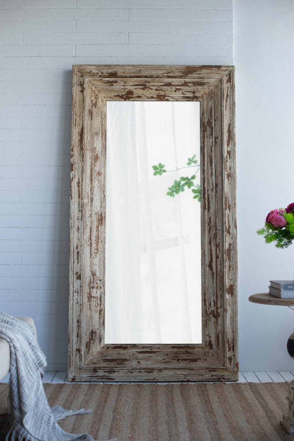 English Elm 39x3.5x75" Distressed Fir Wood Leaner Mirror Antique White Farmhouse Bedroom Decor W2078P154678