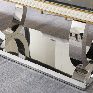 English Elm 9 Luxury Black Dining Set with 79" Faux Marble Table & Dual Circle Brass-Stainless Base, 8 PU Chairs, Modern Glam W509S00100