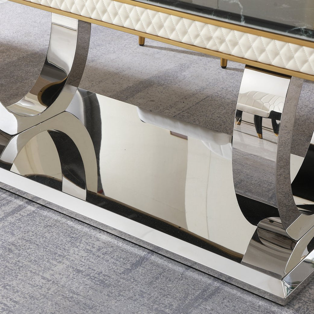 English Elm Luxury Modern Dining Table Black Faux Marble Top with Dual Gold Circle Stainless Steel Base for 8 Guests W509S00068