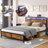 Hearth and Haven Industrial Queen Bed Frame with Led Lights and 2 Usb Ports, Bed Frame Full Size with Storage, Noise Free, No Box Spring Needed W1935123361