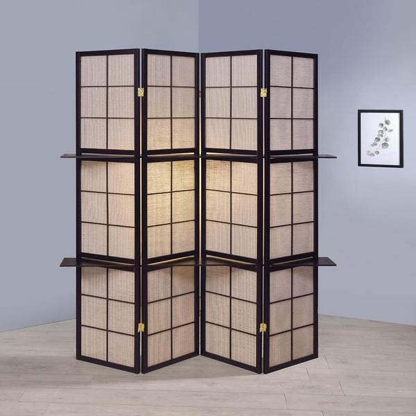English Elm Tan 4-Panel Folding Screen with Cappuccino Frame, Vellum Panes & Wood Shelves for Stylish Room Divider B062P153646