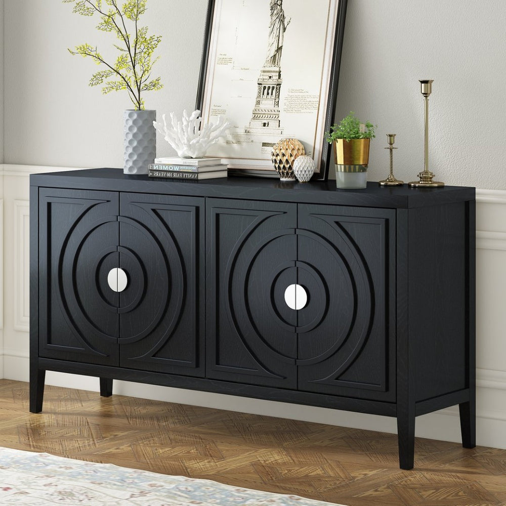English Elm Trexm Retro Four Door Buffet Sideboard Solid Wood Distressed Finish Dining Storage WF307723AAB