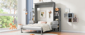 English Elm Queen Murphy Wall Bed with Led Lighting Open Shelves Drawers Space Saving Cabinet LP000566AAE-1
