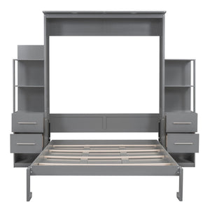 English Elm Queen Murphy Wall Bed with Led Lighting Open Shelves Drawers Space Saving Cabinet LP000566AAE-1