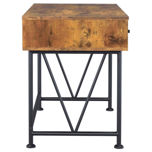 English Elm Antique Transitional 3-Drawer Writing Desk in Antique Nutmeg & Black with Bronze Handles, Sleek Metal Frame B062P153666