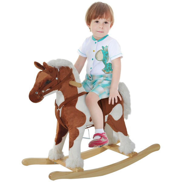 English Elm Wooden Toddler Rocking Horse Plush Ride on Toy with Interactive Sounds for Nursery W2225P154770