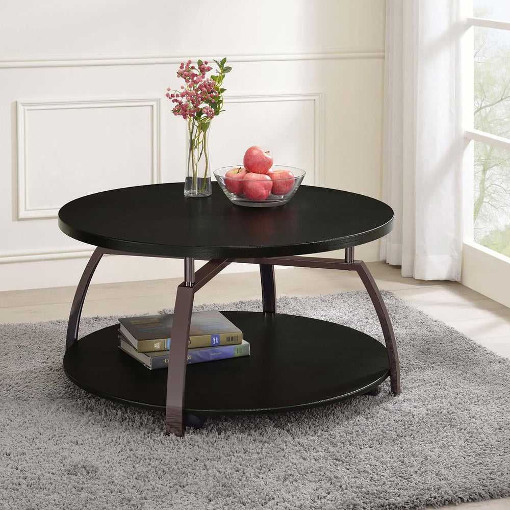 English Elm Dark Grey Round Coffee Table with Lower Shelf on Casters, Black Nickel Finish for Modern Living Room B062P153642