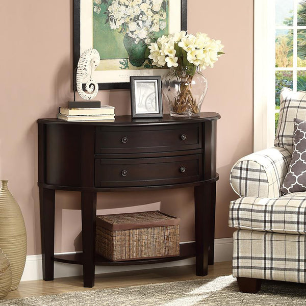 English Elm Cappuccino Demilune Console Table with Rich Dark Finish, Birch Veneer, Drawers & Romantic Flair B062P153636