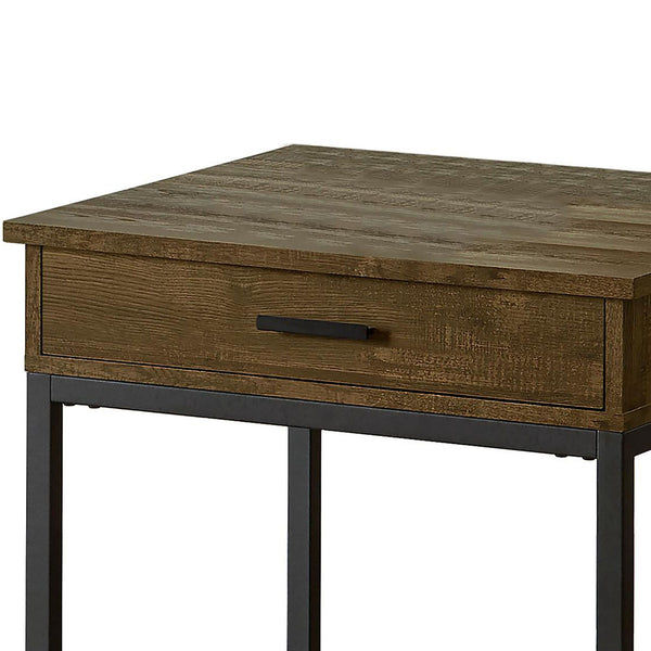 English Elm Brown Oak Square End Table With Sandy Black Metal Frame - Rustic Modern Design, Hidden Storage Drawer B062P153628