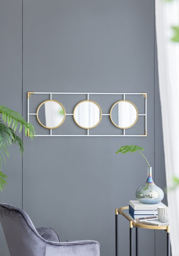 English Elm 15.5x43.5" Triple Convex Iron Frame Wall Mirror in Two-tone Gold White Deco Style W2078P154684