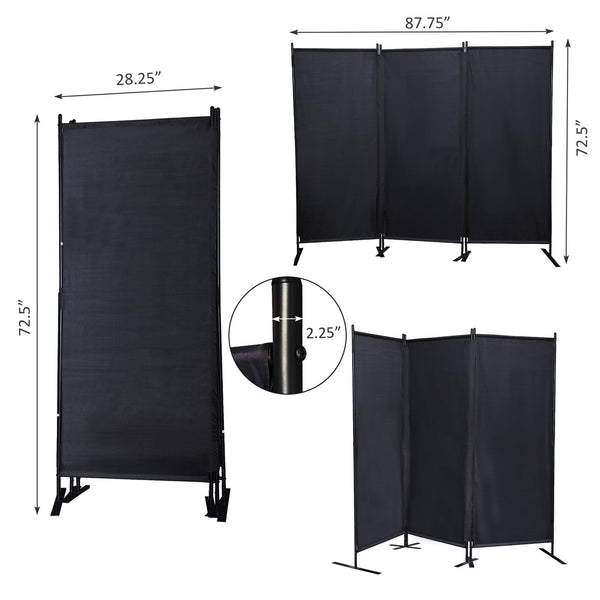 English Elm 6 Modern 3-Panel Room Divider Folding Privacy Screen with Metal Frame Portable Wall Partition Durable Fabric Black W2181P154697
