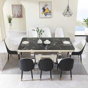 English Elm Luxury Modern 86" Faux Marble Dining Table with Titanium-Plated Dual Circle Base and 6 Chairs, Black Gold Glam W509S00107