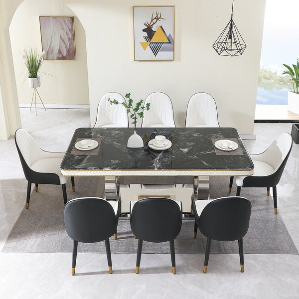 English Elm Luxury Modern Dining Table Black Faux Marble Top with Dual Gold Circle Stainless Steel Base for 8 Guests W509S00068