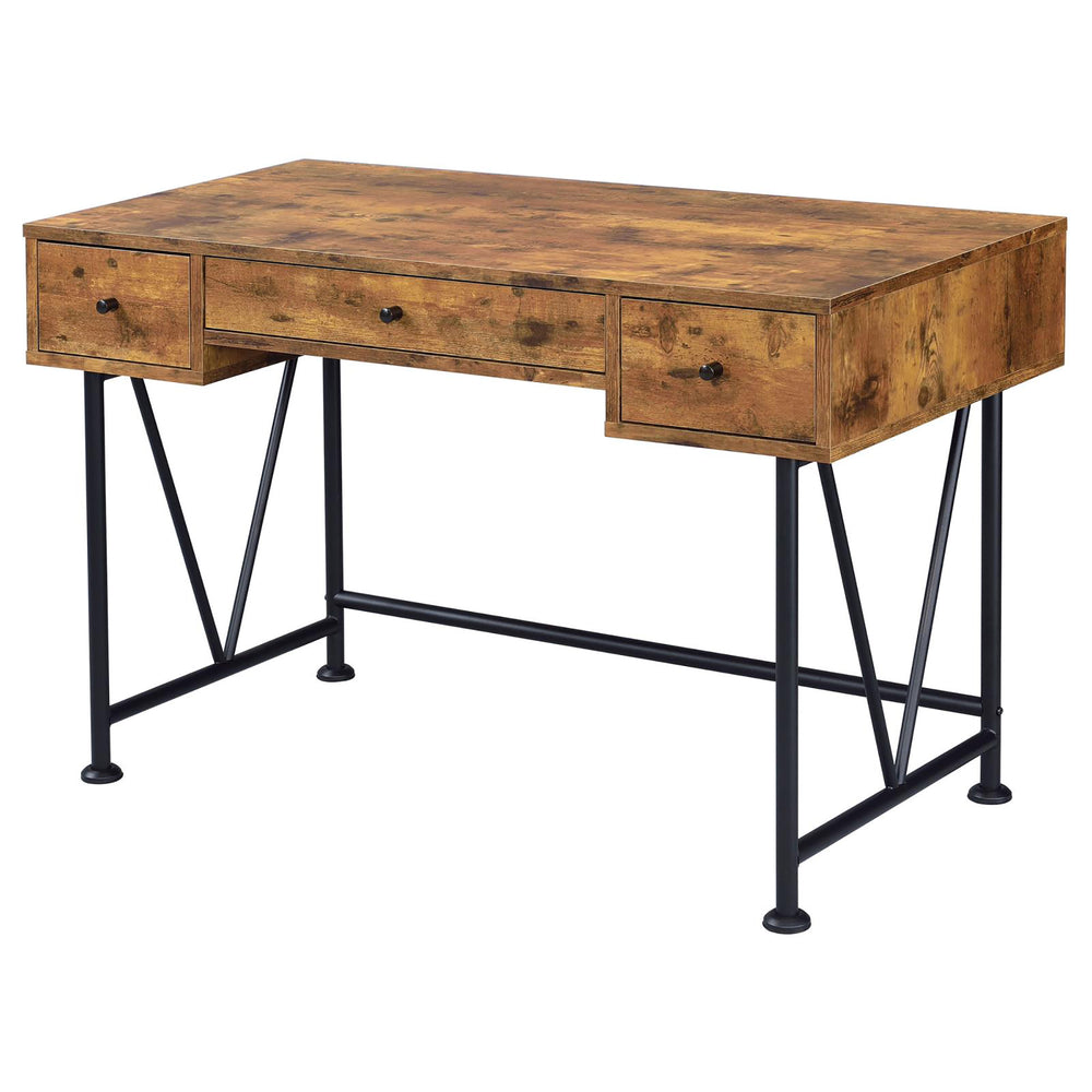 English Elm Antique Transitional 3-Drawer Writing Desk in Antique Nutmeg & Black with Bronze Handles, Sleek Metal Frame B062P153666